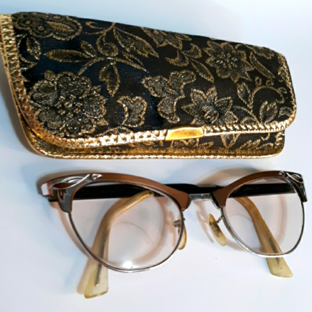 Vintage Cat Eye Frames 1/10-12K Gold GF Eyeglasses Frames With Floral Case